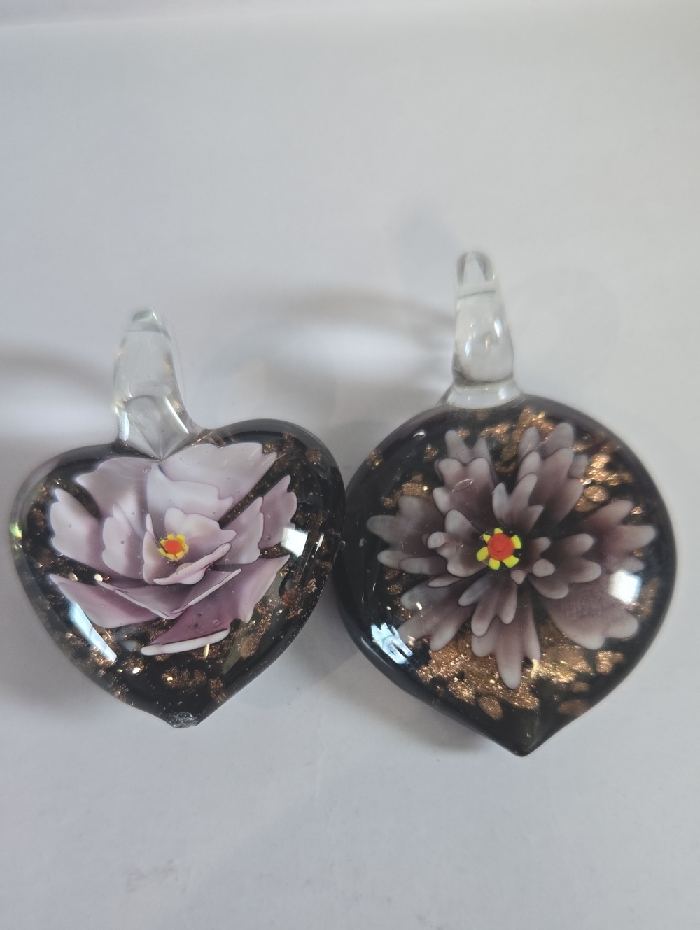 Purple Floral Murano Glass Heart Pendant  with Gold Accents - Unbranded 2pc